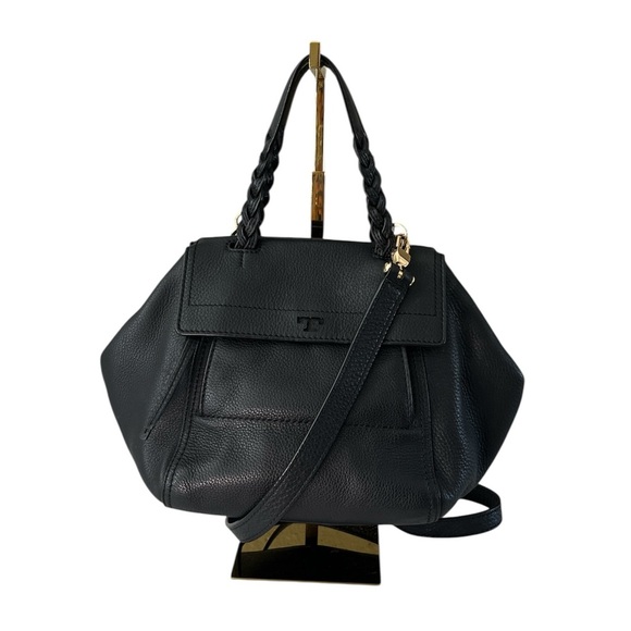Tory Burch Half Moon Leather Satchel Black Gold Crossbody Convertible Bag - Picture 1 of 17